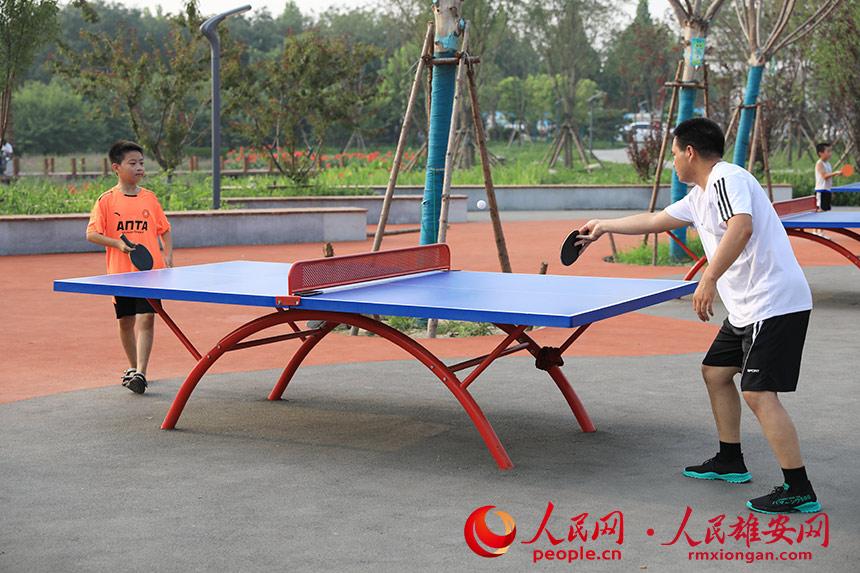 圖為白洋淀站站前公園內,市民正在打乒乓球。何伊盟攝